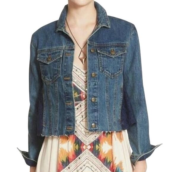 Free People Denim Jean Jacket Women's Size Small Blue Lace Side Panels Raw Hem - Picture 1 of 7